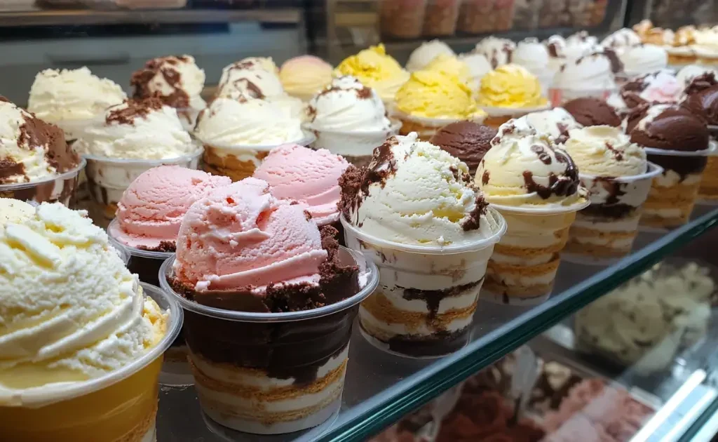 Stacked ice cream cups in different sizes and colors, displayed on a dessert counter, ready for serving frozen treats.