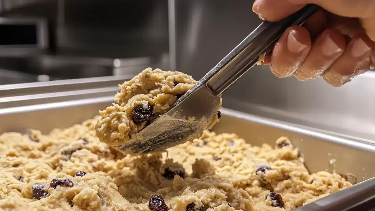 scooping oatmeal raisin chocolate chip cookie dough
