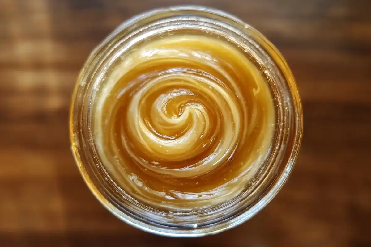 creamed honey in a glass jar on a wooden table