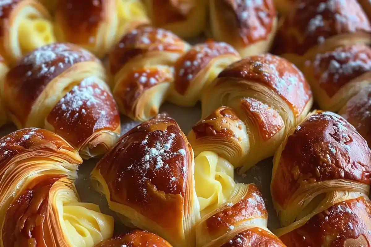 Freshly baked custard-filled croissants topped with powdered sugar