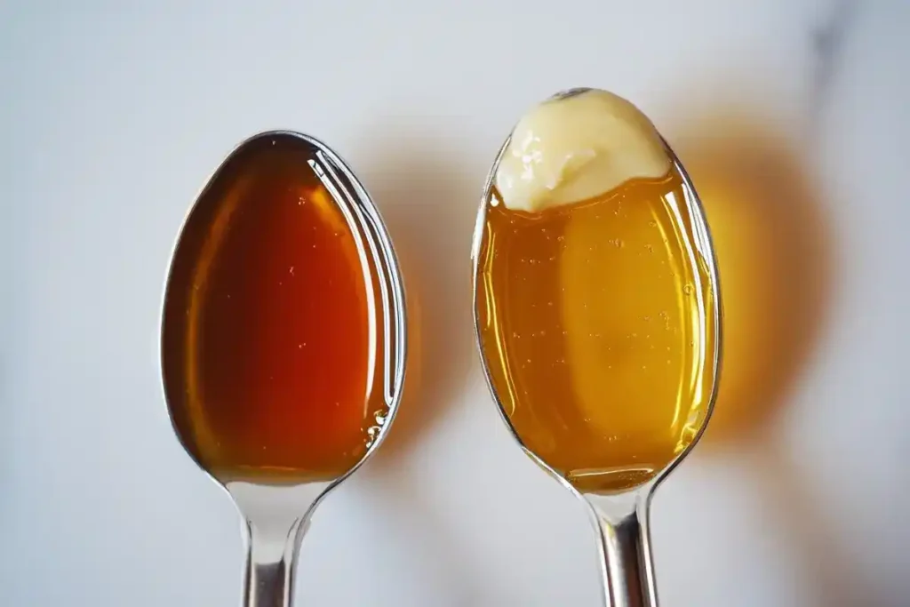 whipped honey vs liquid honey comparison on kitchen counter
