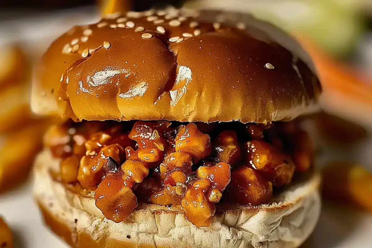 Sloppy Joe sandwich with saucy ground meat on a toasted sesame bun