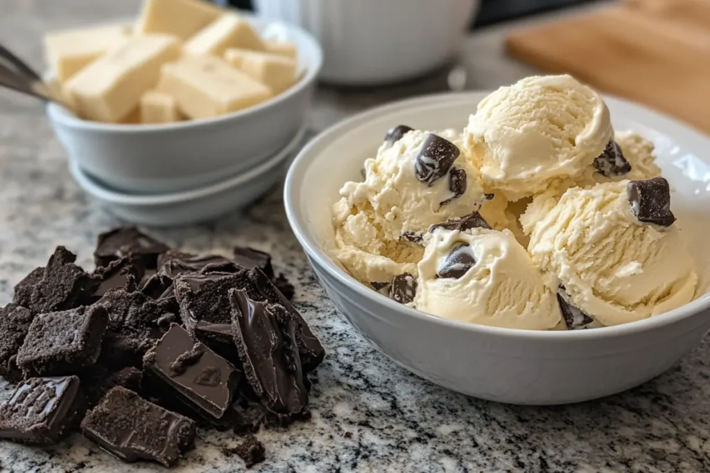 Homemade blue cookie ice cream ingredients on counter