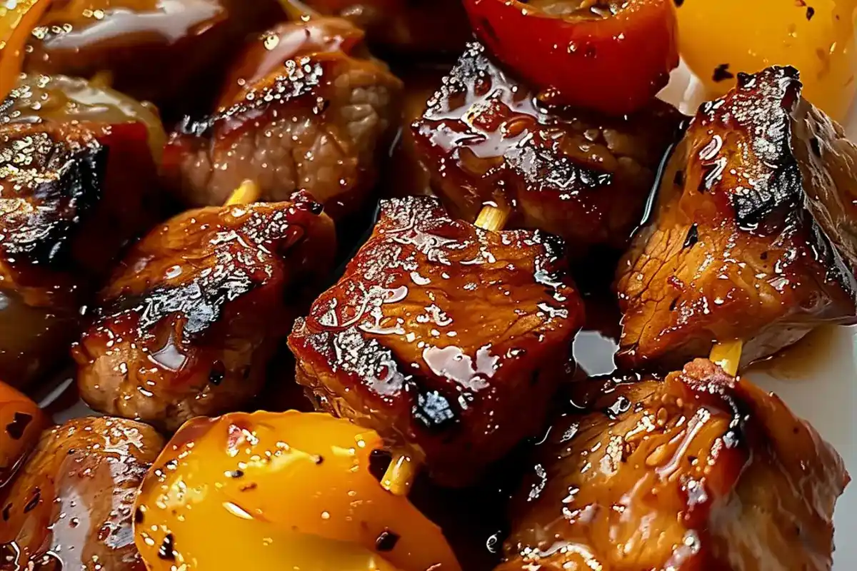 Grilled beef skewers with glazed barbecue sauce and bell peppers