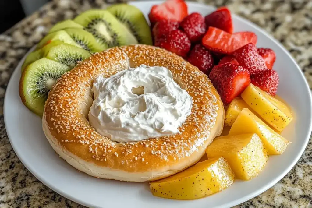 honey butter spread on bagel with fruit