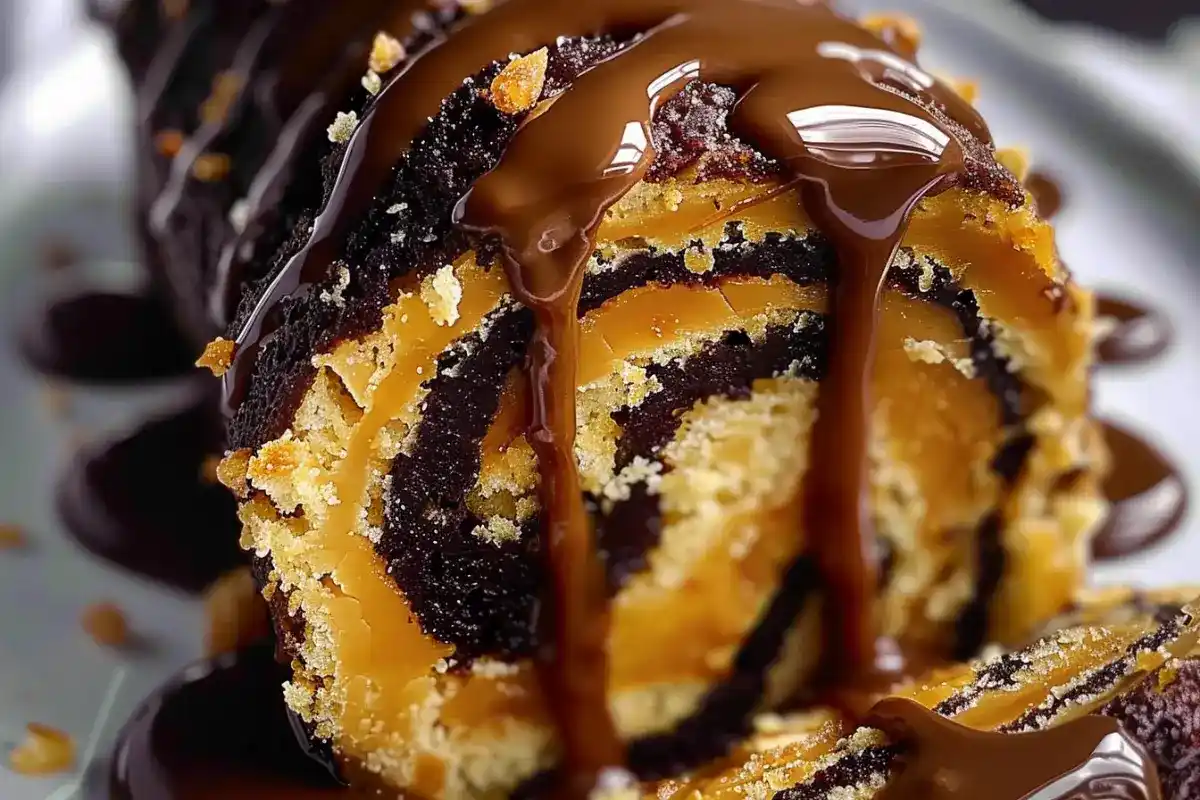 Chocolate caramel Swiss roll drizzled with rich melted chocolate